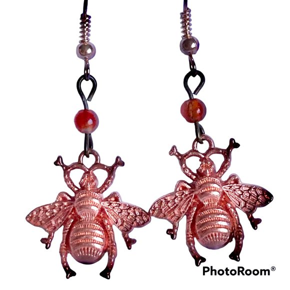Carnelian Bead Bumble Bee Earrings Rose Gold Plated Dangle Queen Bea Orange - Picture 4 of 12